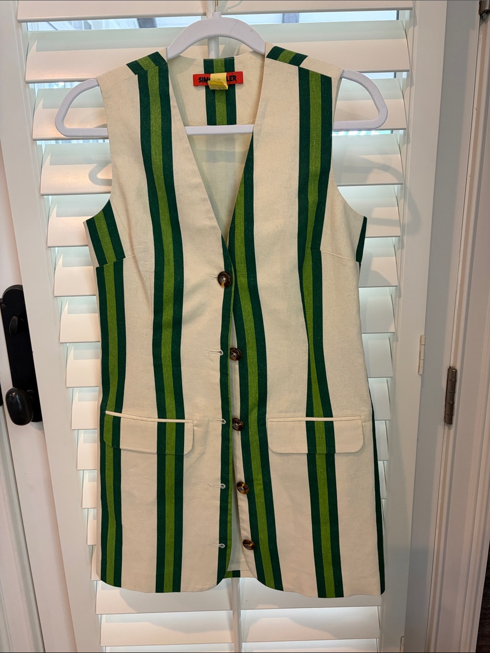 Simon Miller Cream and Green Striped Vest dress with Tortoiseshell Buttons